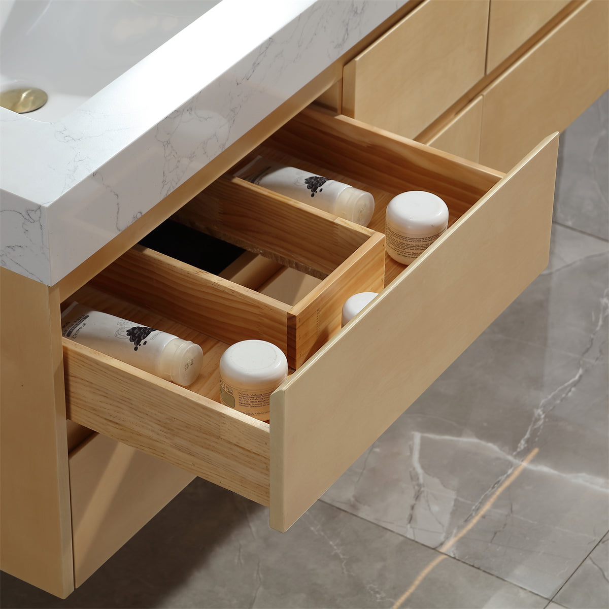 60" Modern Floating Maple Wood Bathroom Vanity Cabinet with LED Light and Double Basin