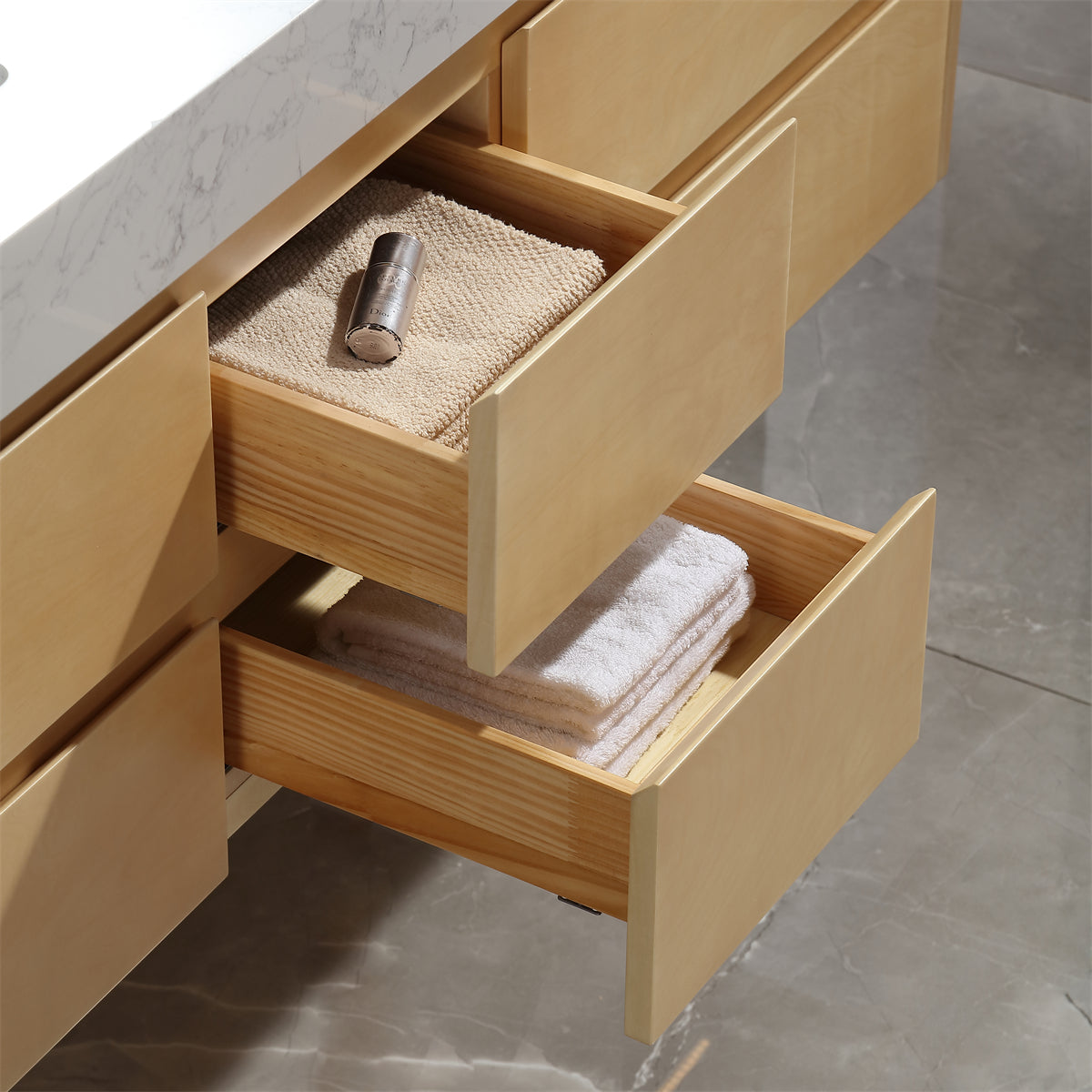 60" Modern Floating Maple Wood Bathroom Vanity Cabinet with LED Light and Double Basin