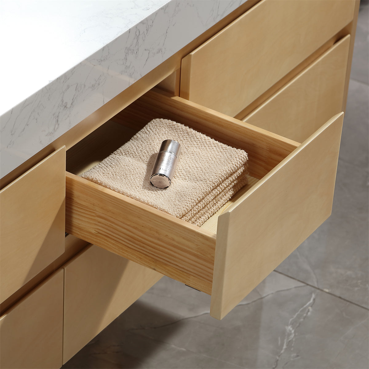 60" Modern Floating Maple Wood Bathroom Vanity Cabinet with LED Light and Double Basin