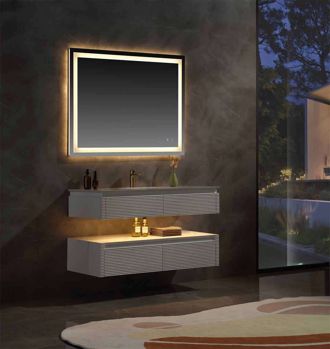 48" Floating Bathroom Vanity Set in White with Lights and White Marble Countertop
