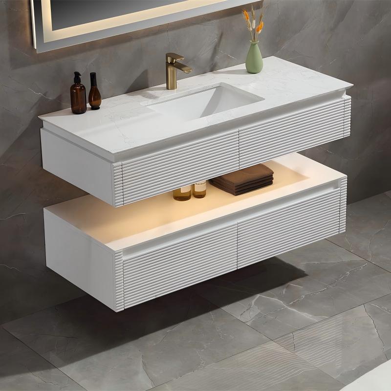48" Floating Bathroom Vanity Set in White with LED Light and White Engineered Marble Top with Single Basins