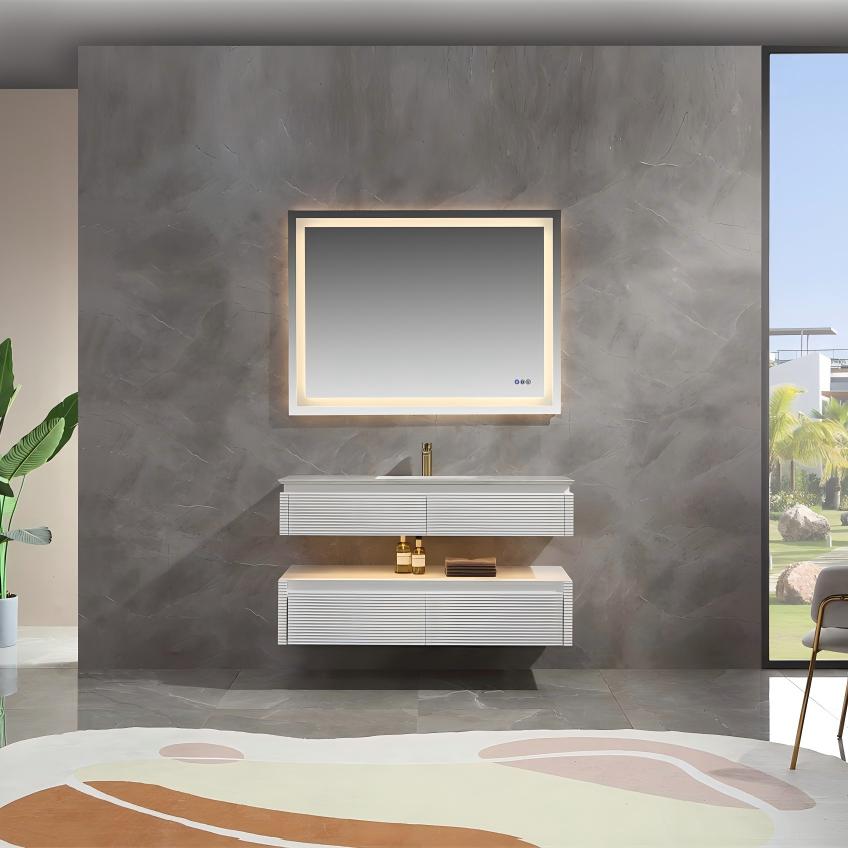 48" Floating Bathroom Vanity Set in White with LED Light and White Engineered Marble Top with Single Basins