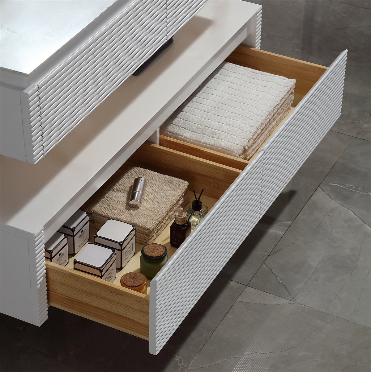 48" Floating Bathroom Vanity Set in White with Lights and White Marble Countertop
