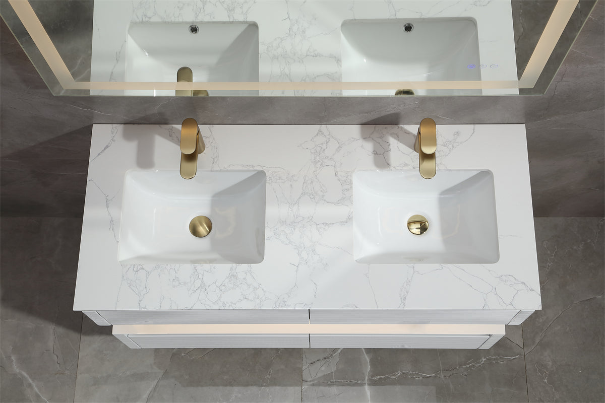 48" Floating Bathroom Vanity Set in White with LED Light and White Engineered Marble Top with Double Basins