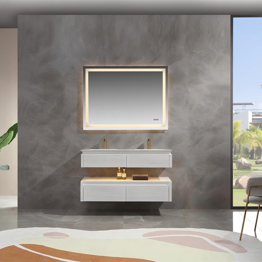 48" Floating Bathroom Vanity Set in White with LED Light and White Engineered Marble Top with Double Basins