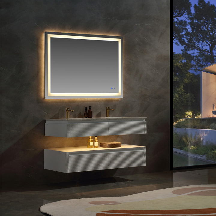 48" Floating Bathroom Vanity Set in White with Lights and White Marble Countertop with Double Basin