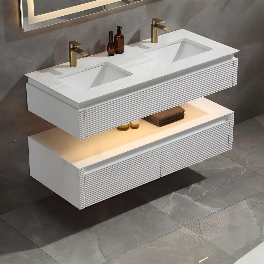 48" Floating Bathroom Vanity Set in White with LED Light and White Engineered Marble Top with Double Basins