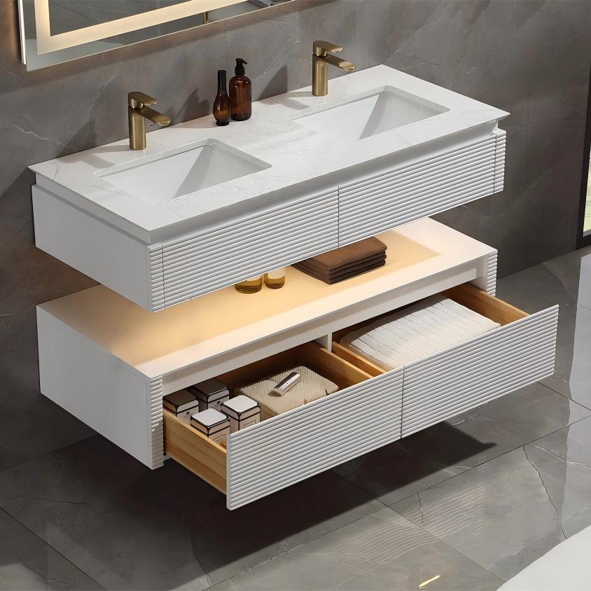48" Floating Bathroom Vanity Set in White with LED Light and White Engineered Marble Top with Double Basins