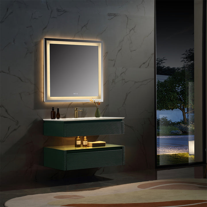 36" Floating Bathroom Vanity Set in Green with Lights and White Marble Countertop