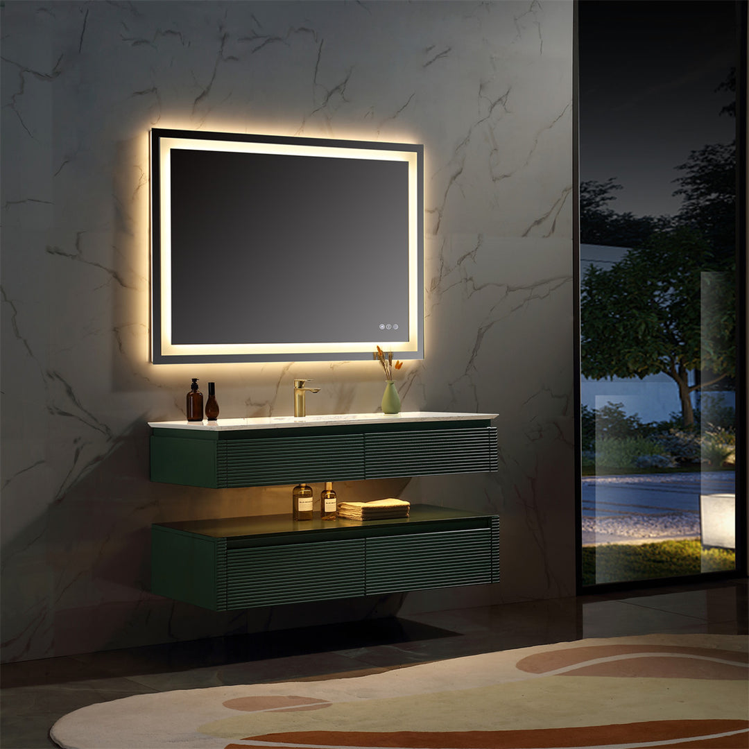 48" Floating Bathroom Vanity Set in Green with Lights and White Marble Countertop