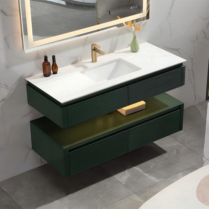 48" Floating Bathroom Vanity Set in Green with LED Light and White Engineered Marble Top with Single Basin