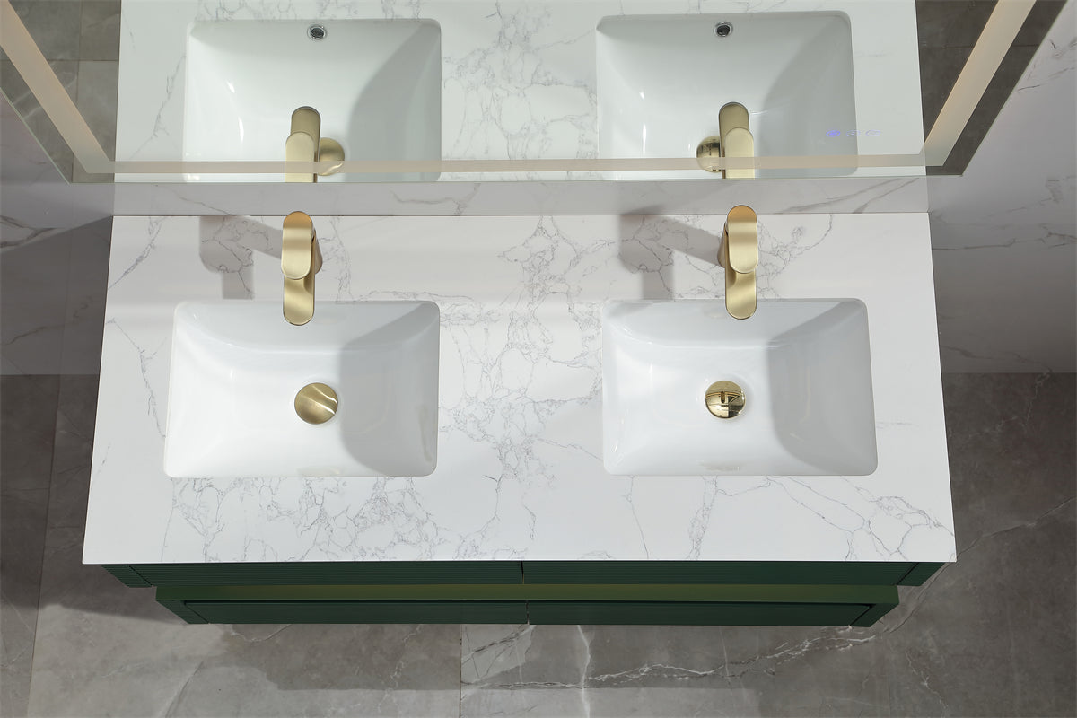 48" Floating Bathroom Vanity Set in Green with LED Light and White Engineered Marble Top with Double Basins