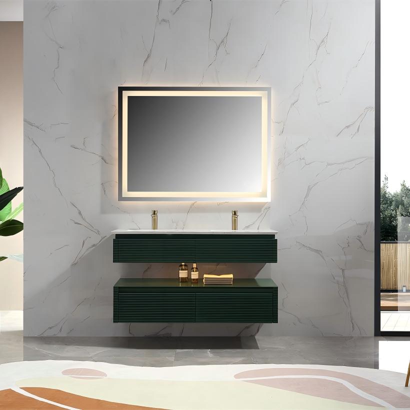 48" Floating Bathroom Vanity Set in Green with LED Light and White Engineered Marble Top with Double Basins