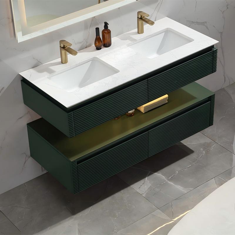 48" Floating Bathroom Vanity Set in Green with LED Light and White Engineered Marble Top with Double Basins