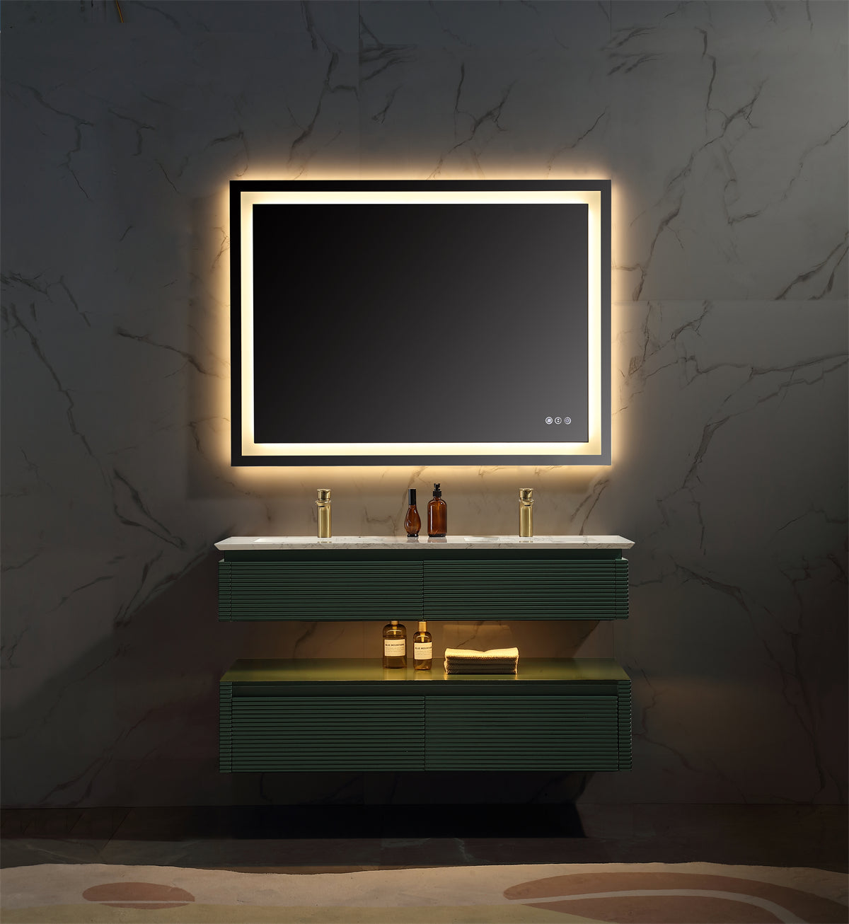 48" Floating Bathroom Vanity Set in Green with LED Light and White Engineered Marble Top with Double Basins