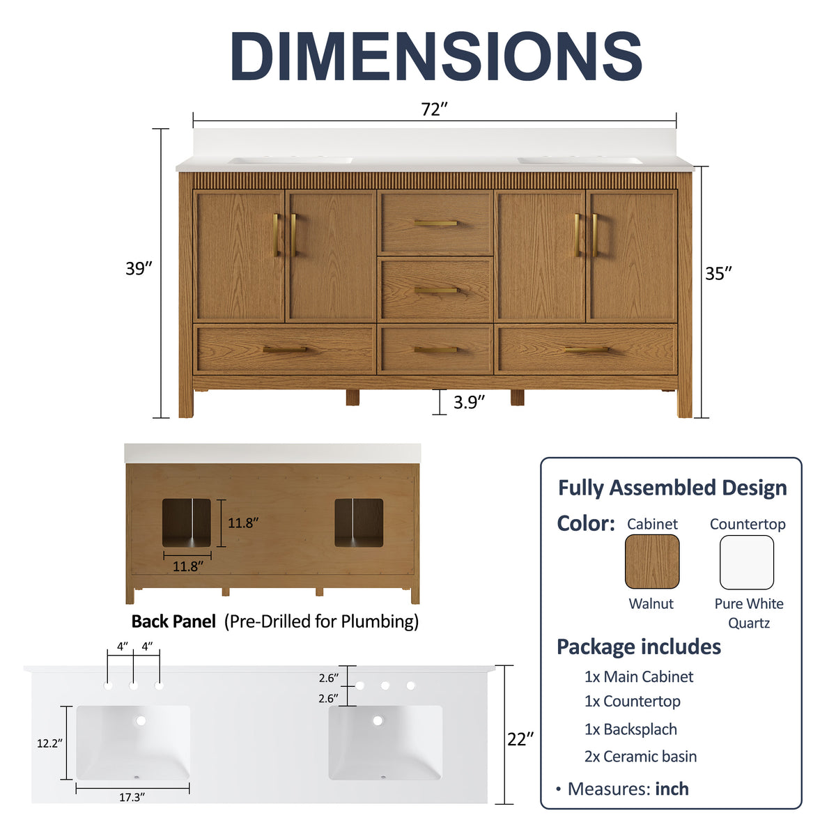 72 Inch Freestanding Solid Wood Bathroom Vanity with Pure White Quartz Countertop, 4 Soft-Close Doors & 5 Dovetail Drawers, Walnut
