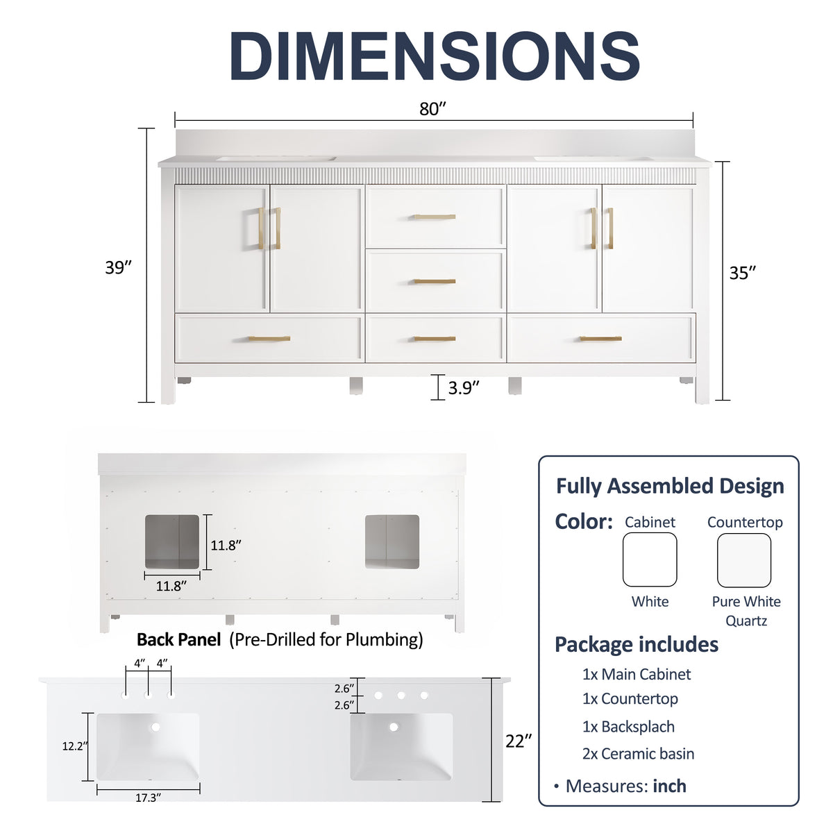 80 Inch Freestanding Solid Wood Bathroom Vanity with Pure White Quartz Countertop, 4 Soft-Close Doors & 5 Dovetail Drawers, White