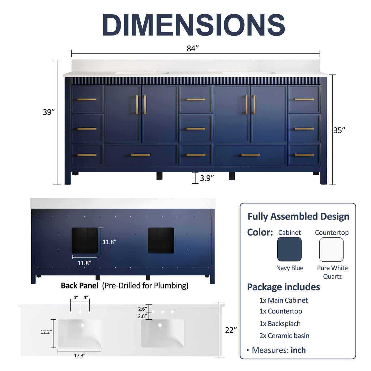 84 Inch Freestanding Solid Wood Bathroom Vanity with Pure White Quartz Countertop, 4 Soft-Close Doors & 11 Dovetail Drawers, Navy Blue