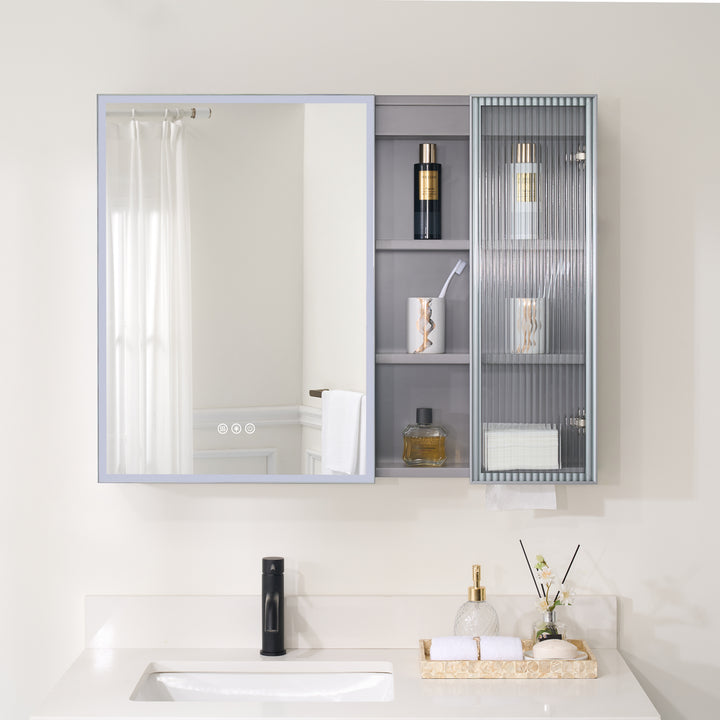 36 in. W x 28 in. H Rectangular Surface Mount LED Mirror Medicine Cabinet in Gray