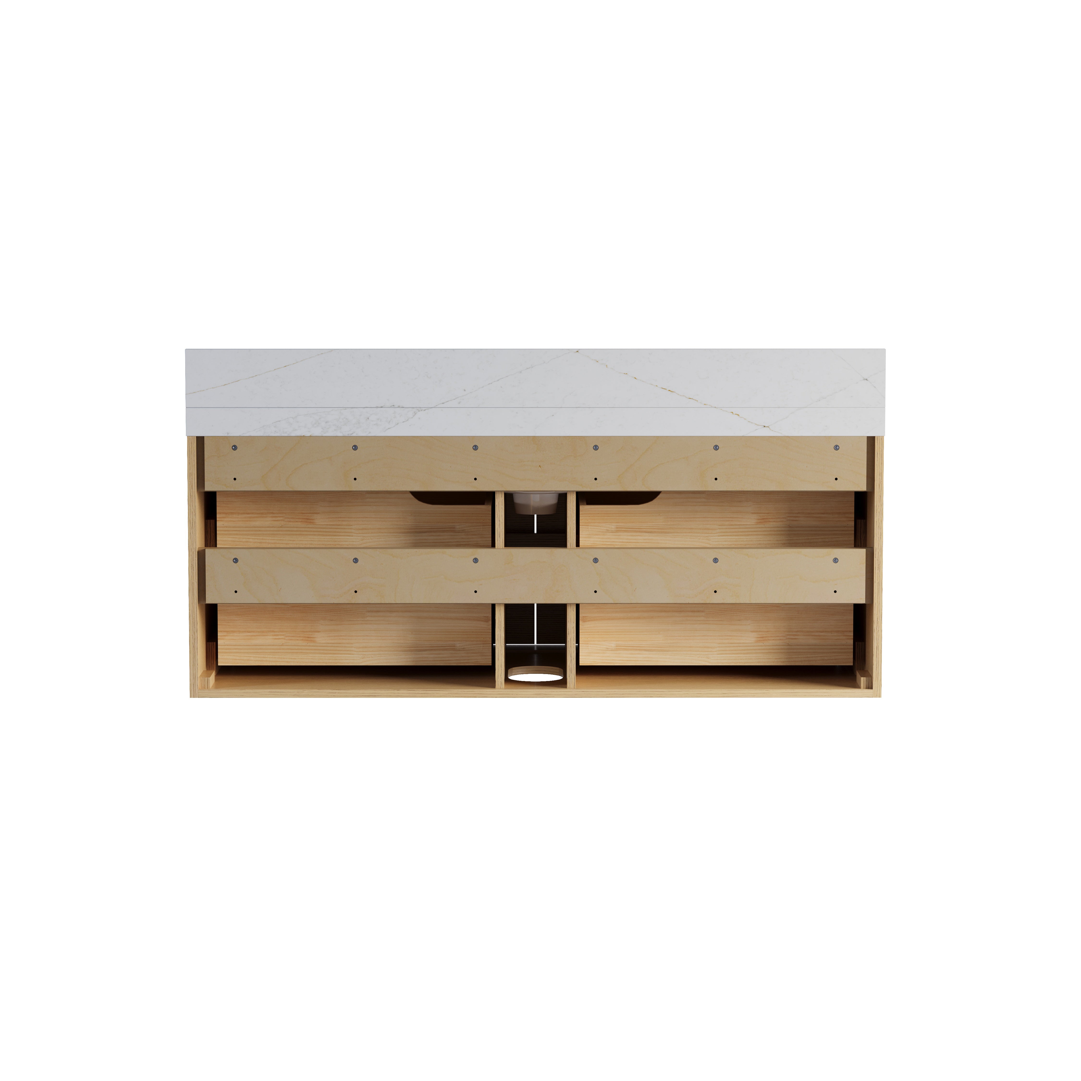 48-Inch Solid Oak Floating Bathroom Vanity with Calacatta Quartz Countertop, 4 Soft-Close Fluted Drawers