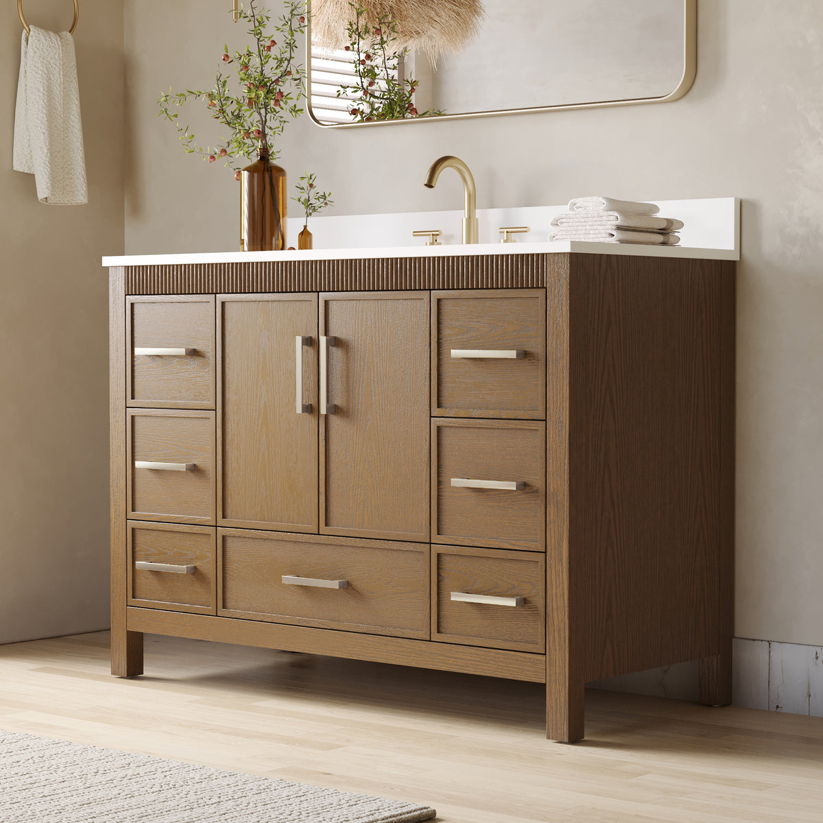48 Inch Freestanding Solid Wood Bathroom Vanity with Fluted Molding, Pure White Quartz Countertop, Walnut