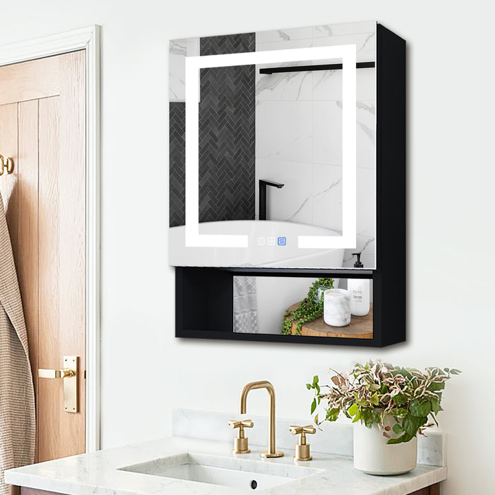 24" W x 32" H Lighted Black Bathroom Medicine Cabinet with Double Sided Mirror And Lights，Outlet Right Side