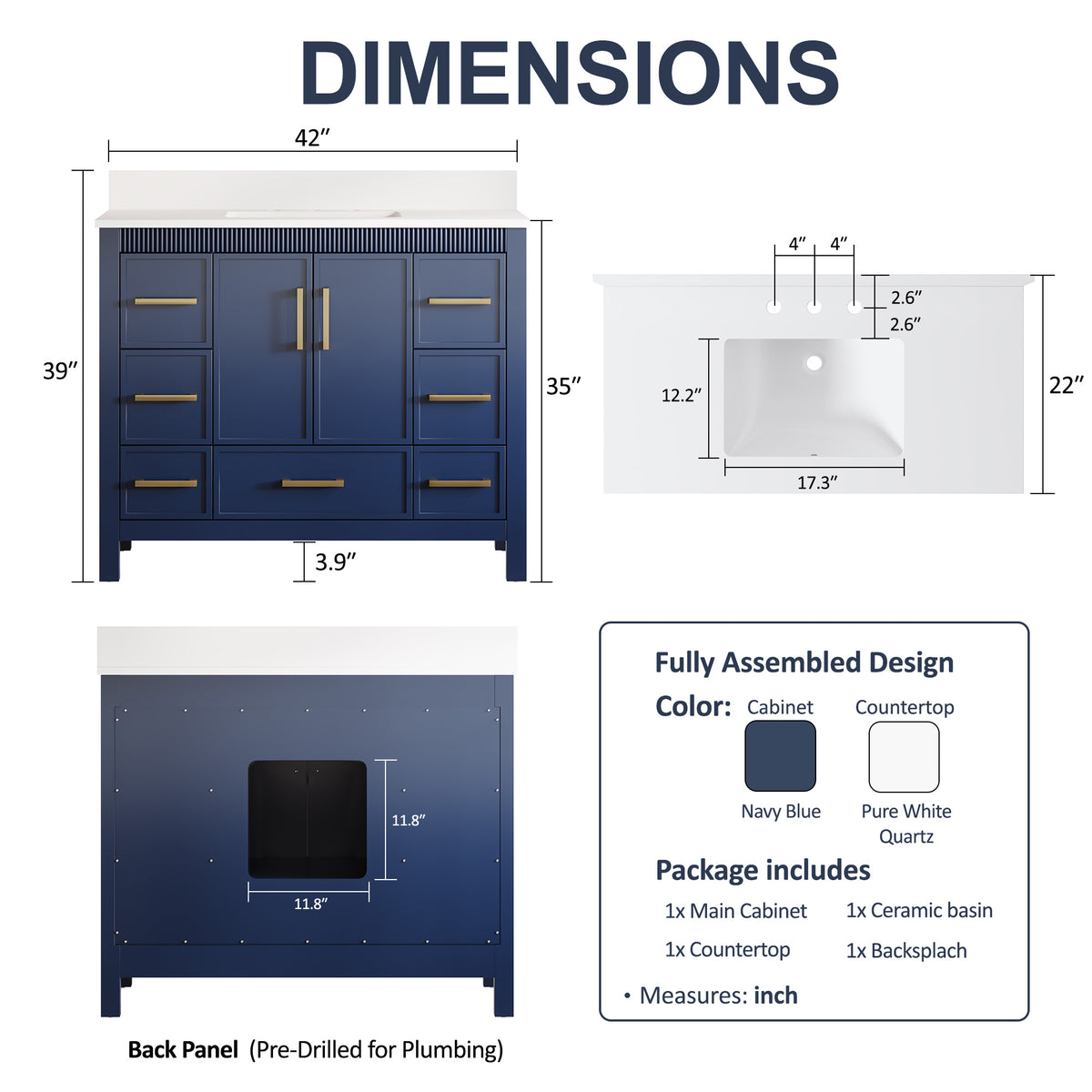 42 Inch Freestanding Solid Wood Bathroom Vanity with Fluted Molding, Pure White Quartz Countertop, Navy Blue