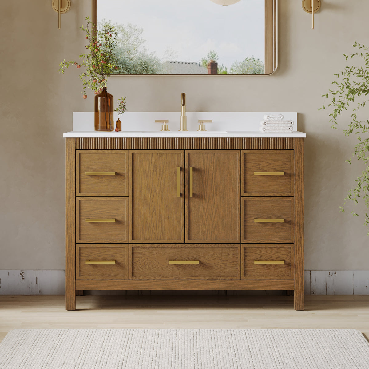 48 Inch Freestanding Solid Wood Bathroom Vanity with Fluted Molding, Pure White Quartz Countertop, Walnut