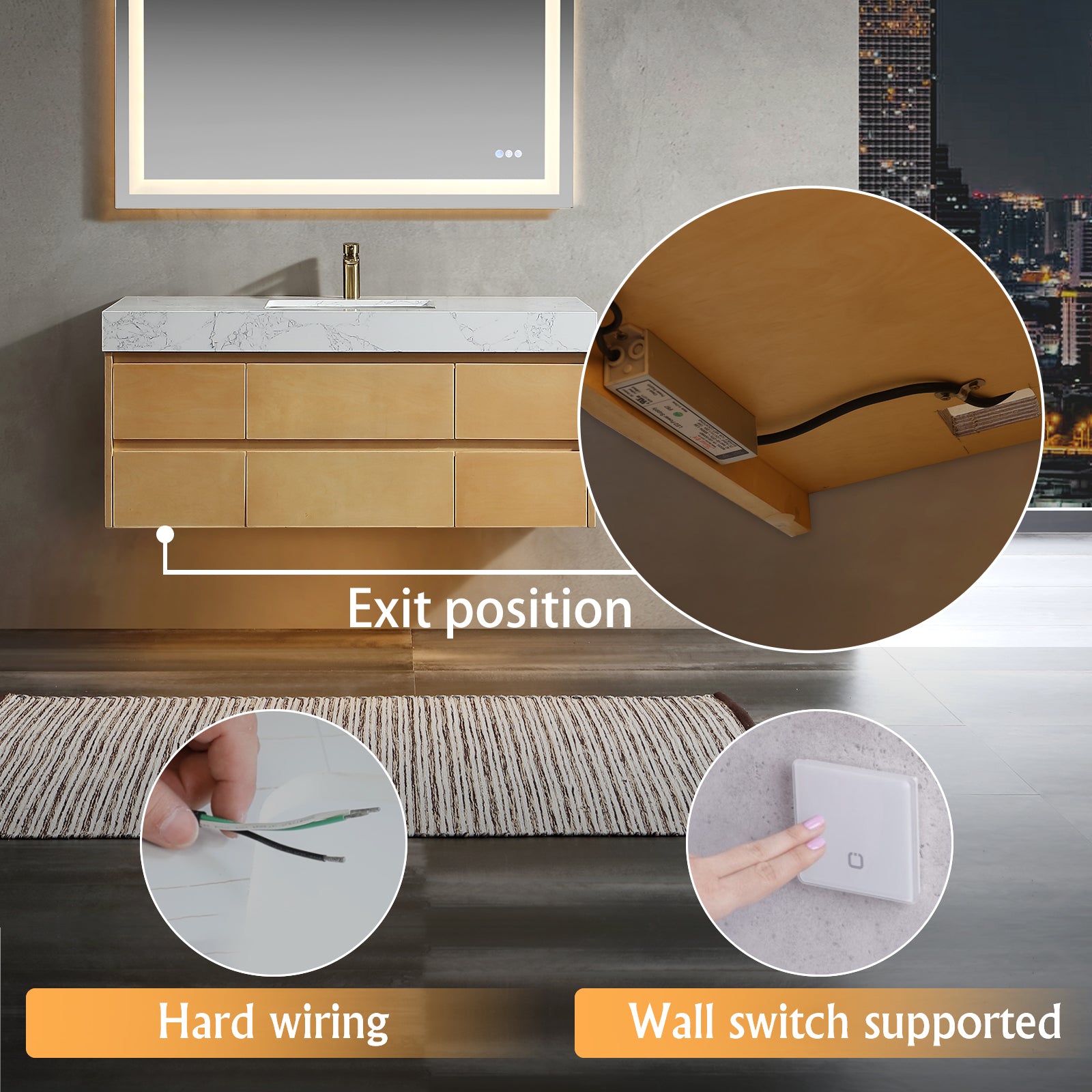 48" Modern Floating Maple Wood Bathroom Vanity Cabinet with LED Light and Stone Slab Countertop
