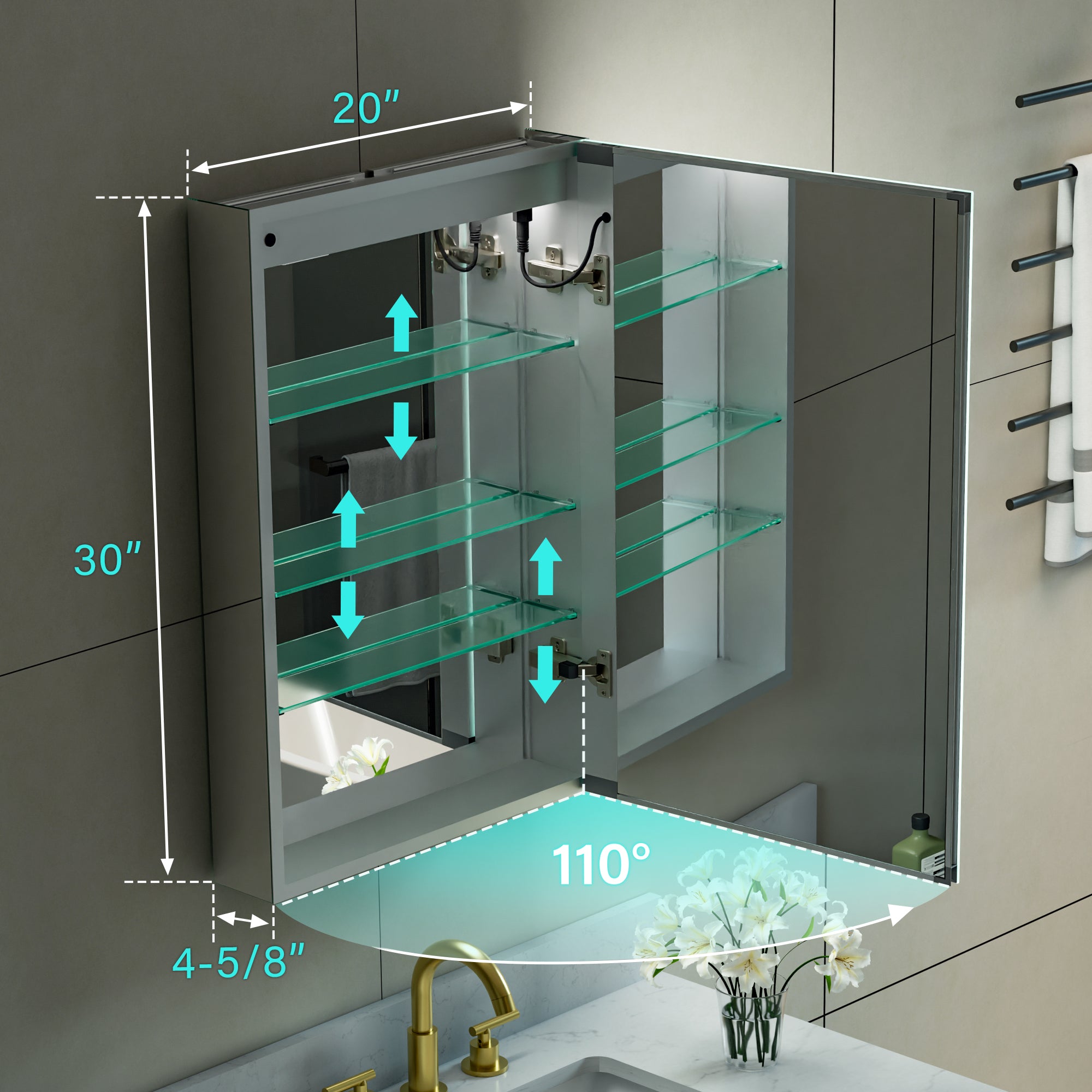 20 in. x 30 in. LED Lighted Surface/Recessed Mount Mirror Medicine Cabinet with Outlet Right Side