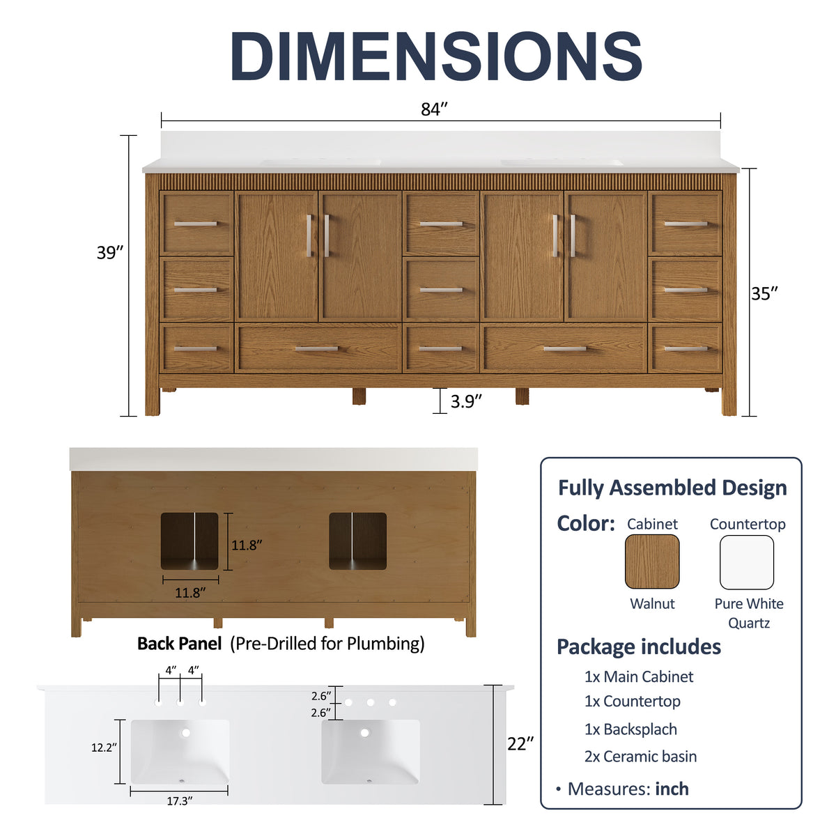 84 Inch Freestanding Solid Wood Bathroom Vanity with Pure White Quartz Countertop, 4 Soft-Close Doors & 11 Dovetail Drawers, Walnut