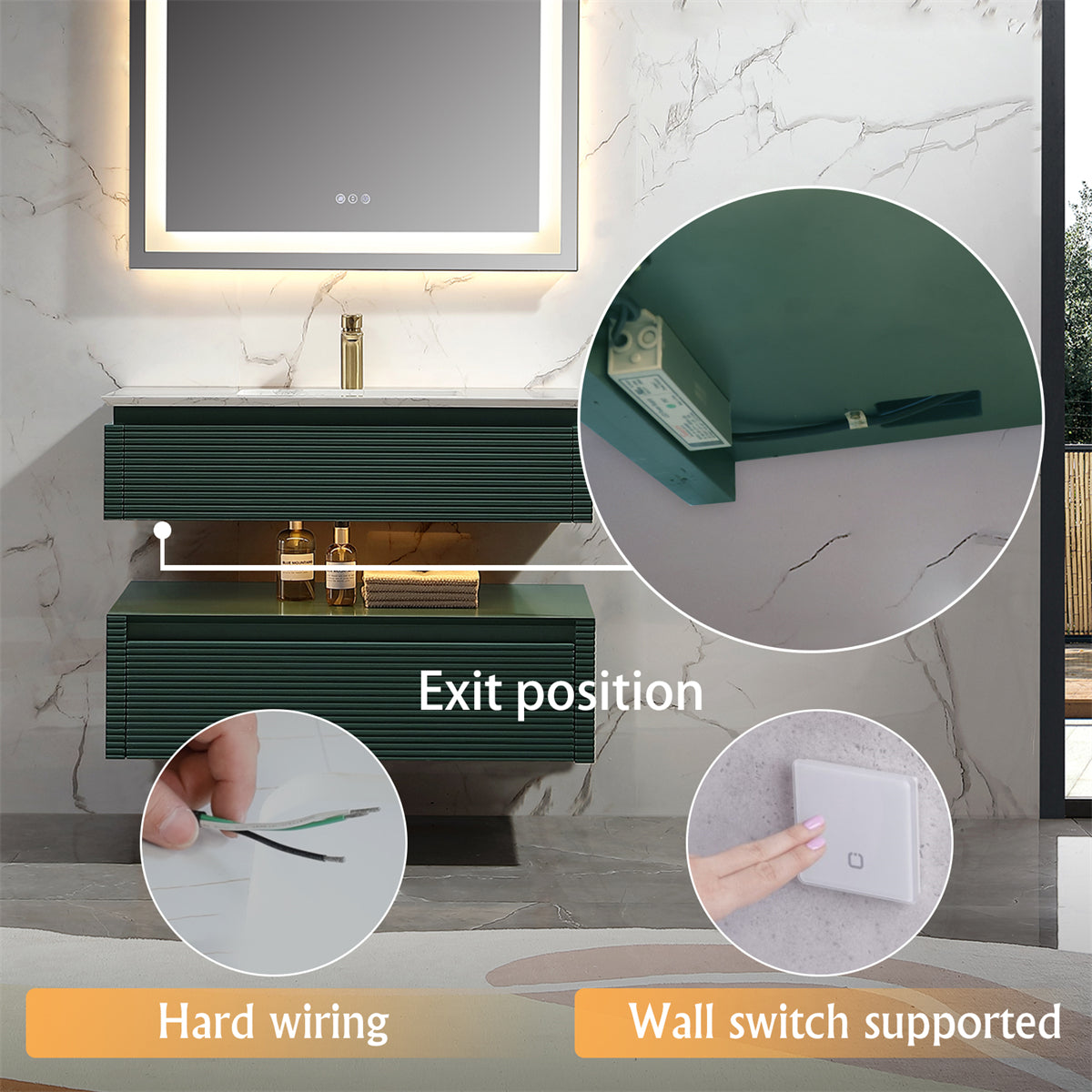 36" Floating Bathroom Vanity Set in Green with Lights and White Marble Countertop