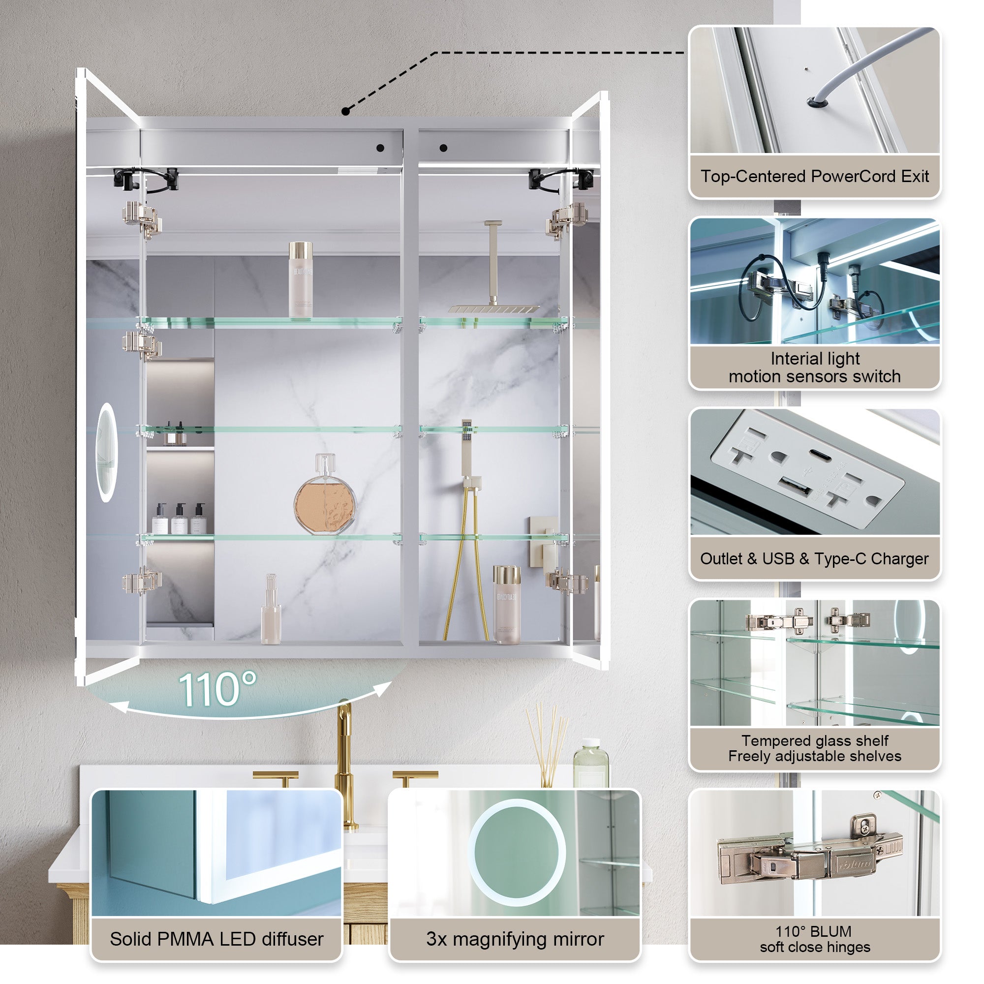 30 in. x 36 in. Recessed/Surface Mount LED Medicine Cabinet with 3X Magnifier Glass Mirror and Dual Doors