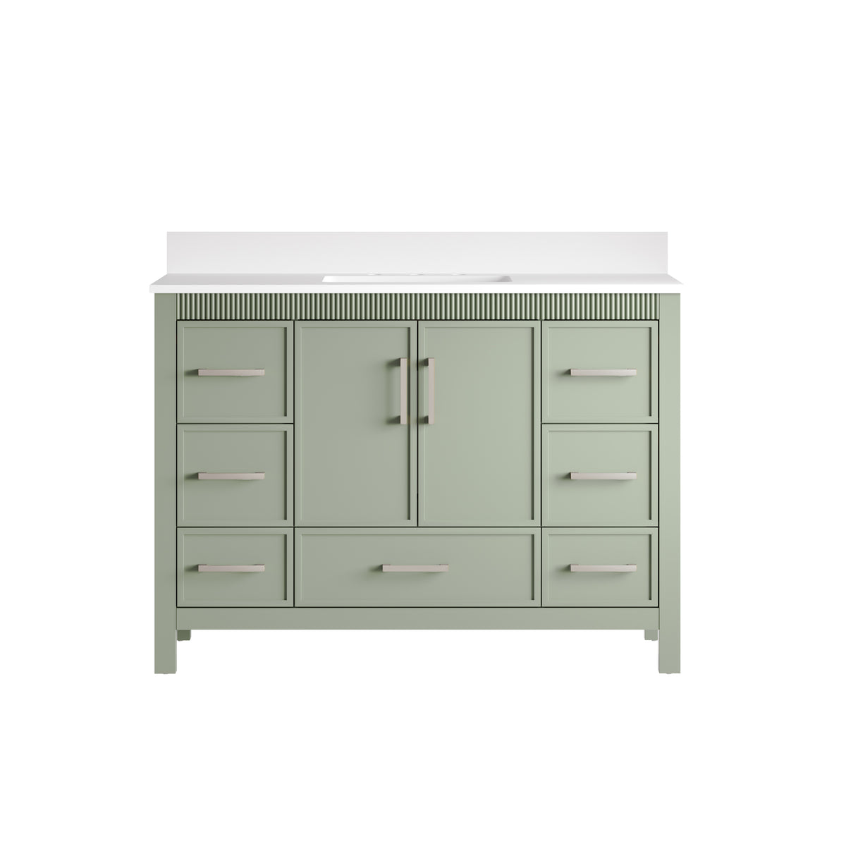 48 Inch Freestanding Solid Wood Bathroom Vanity with Fluted Molding, Pure White Quartz Countertop, SAGE GREEN
