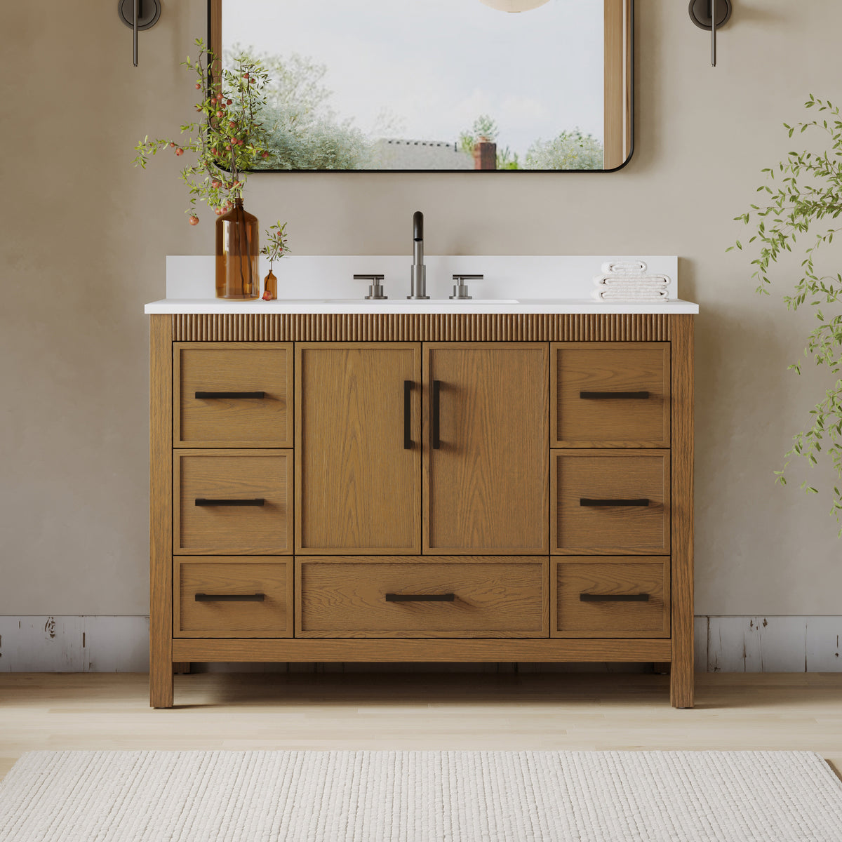 48 Inch Freestanding Solid Wood Bathroom Vanity with Fluted Molding, Pure White Quartz Countertop, Walnut