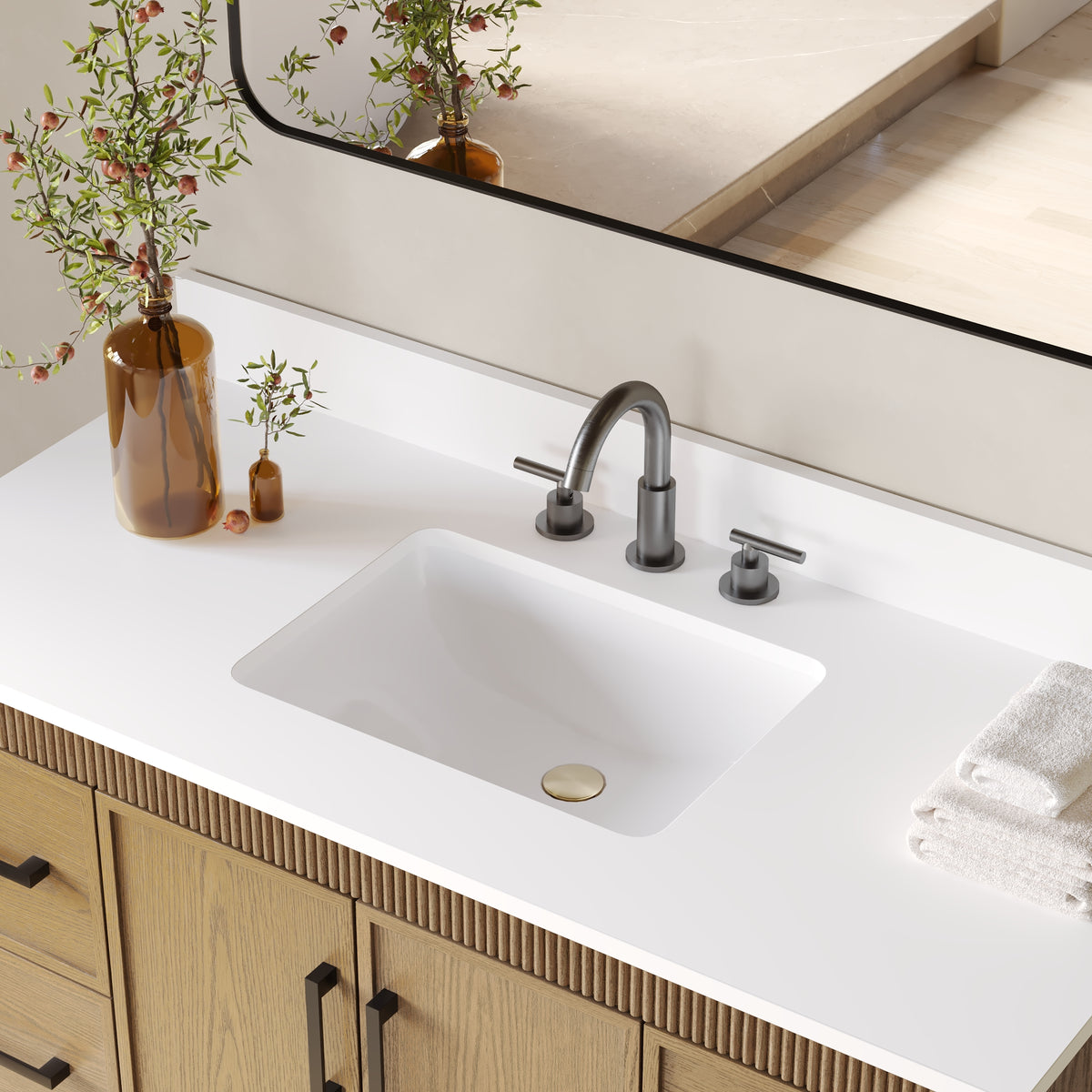 48 Inch Freestanding Solid Wood Bathroom Vanity with Fluted Molding, Pure White Quartz Countertop, Walnut