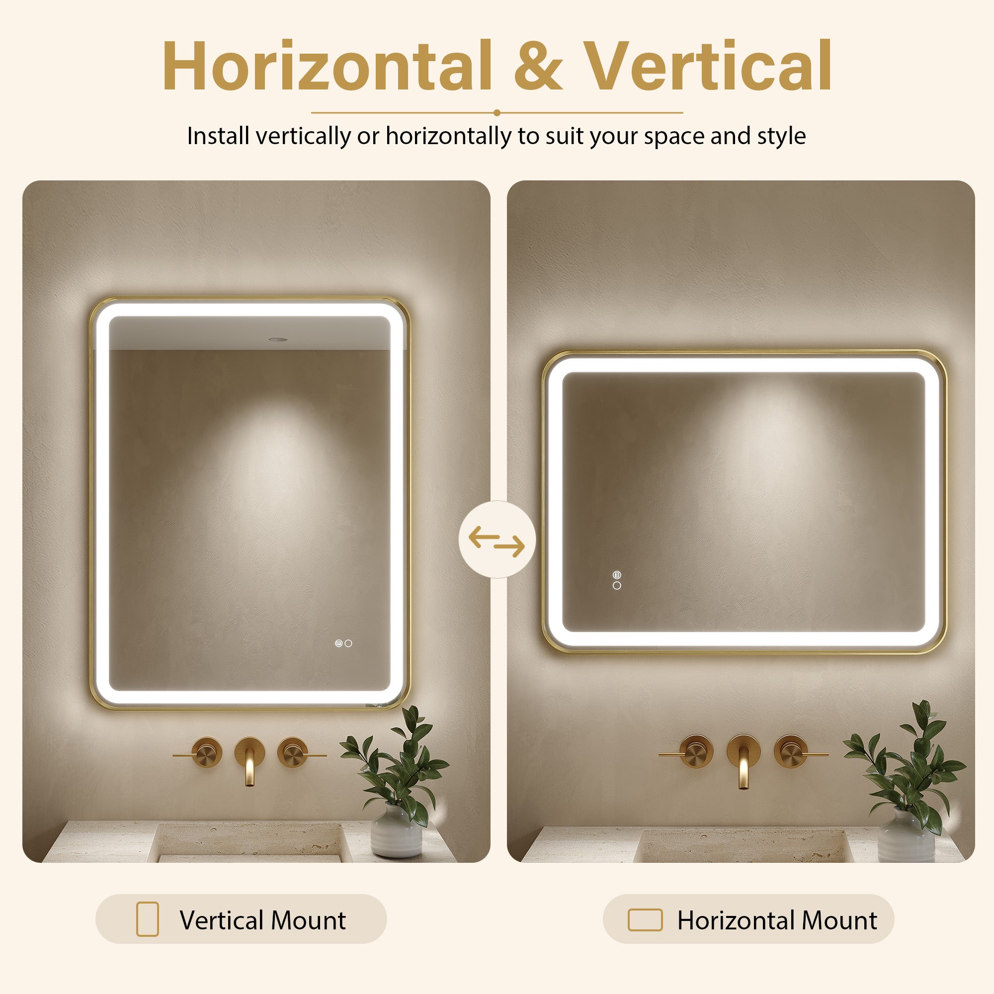 24 in. x 32 in. Framed LED Bathroom Mirror in Brushed Gold with Rounded Corners, Dimmable Lighted, Anti-Fog