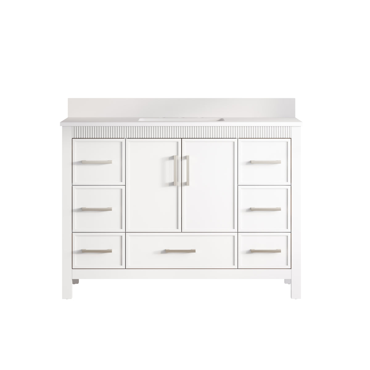 48 Inch Freestanding Solid Wood Bathroom Vanity with Fluted Molding, Pure White Quartz Countertop, White