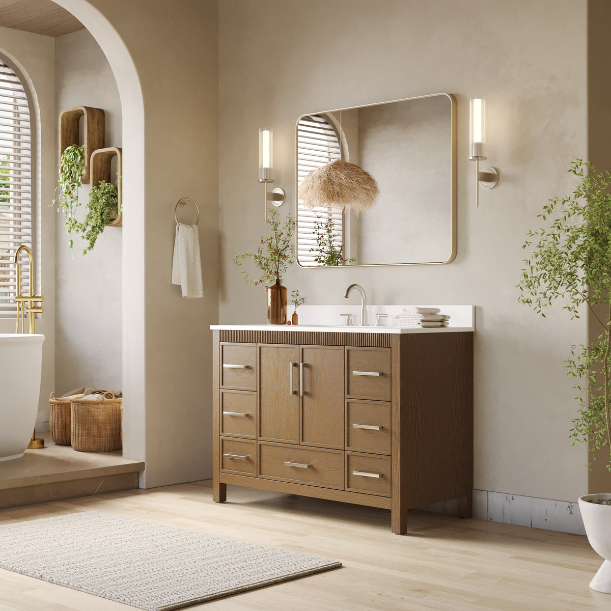 48 Inch Freestanding Solid Wood Bathroom Vanity with Fluted Molding, Pure White Quartz Countertop, Walnut