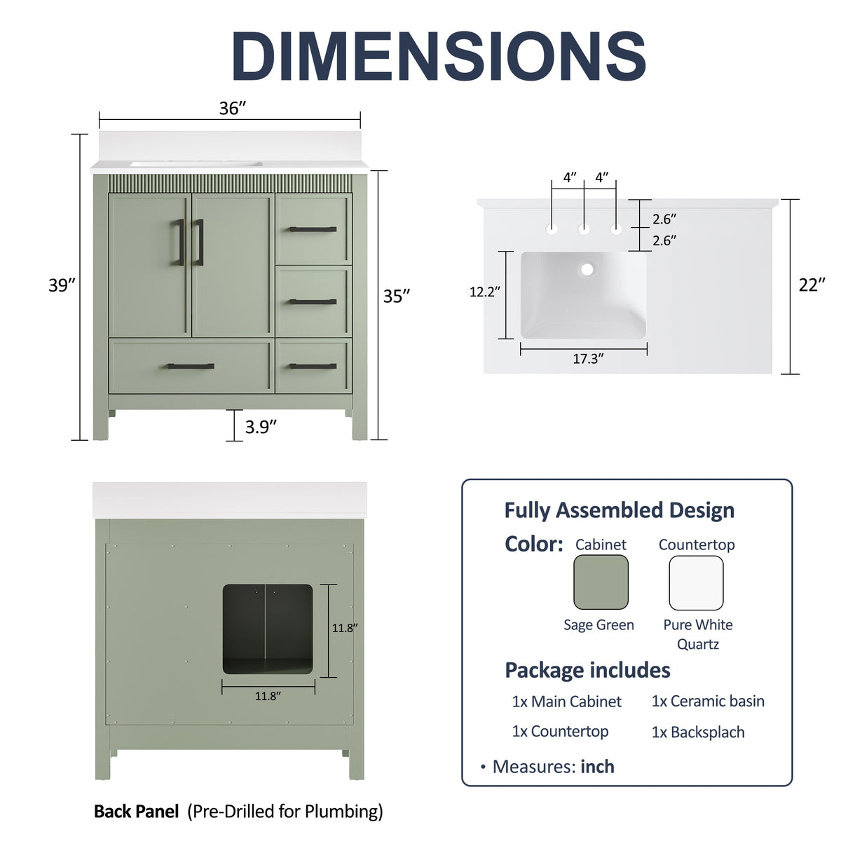 36 Inch Freestanding Solid Wood Bathroom Vanity with Fluted Molding, Pure White Quartz Countertop, SAGE GREEN