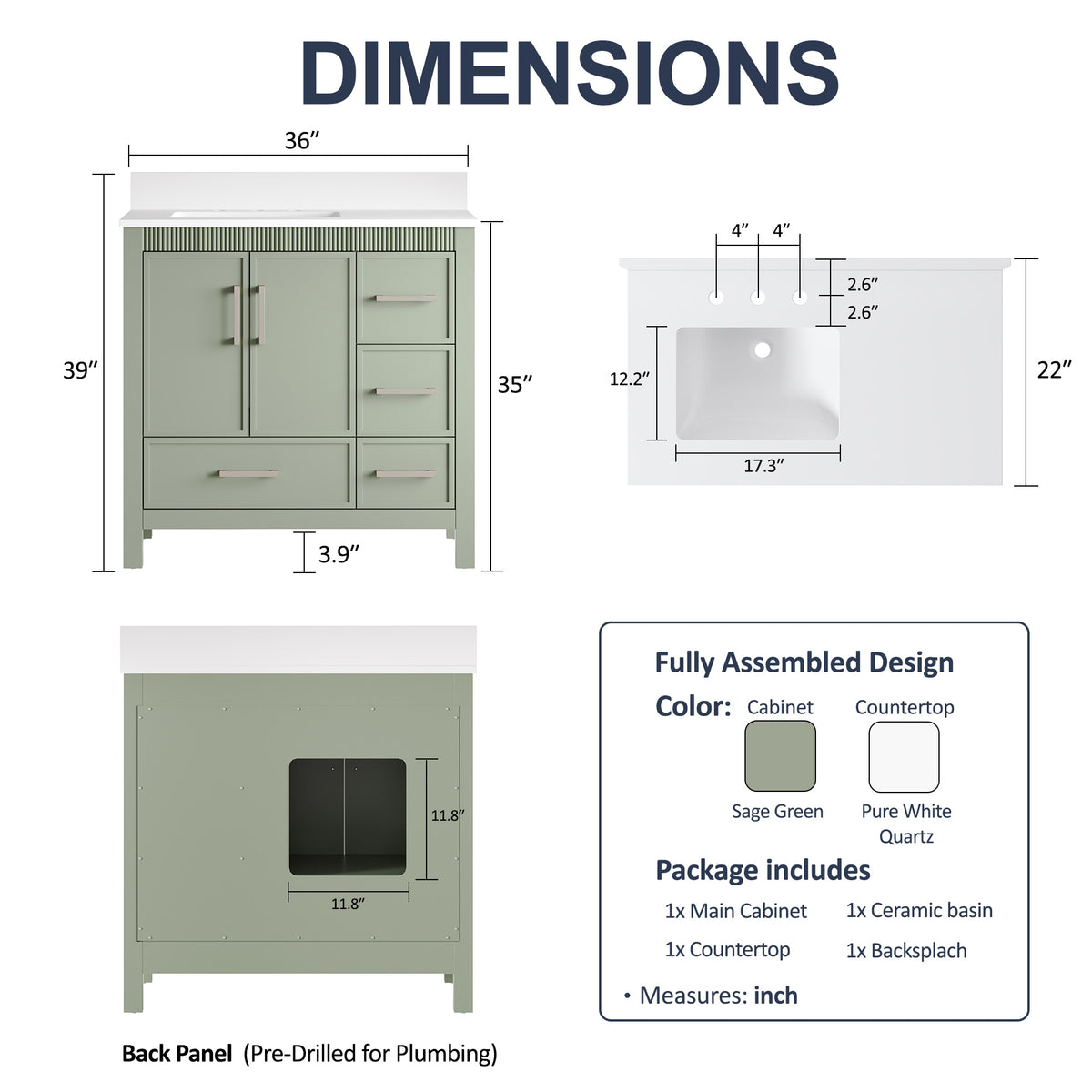 36 Inch Freestanding Solid Wood Bathroom Vanity with Fluted Molding, Pure White Quartz Countertop, SAGE GREEN