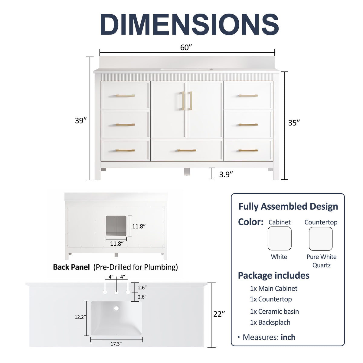 60 Inch Freestanding Solid Wood Bathroom Vanity with Pure White Quartz Countertop, 2 Soft-Close Doors & 7 Dovetail Drawers, White