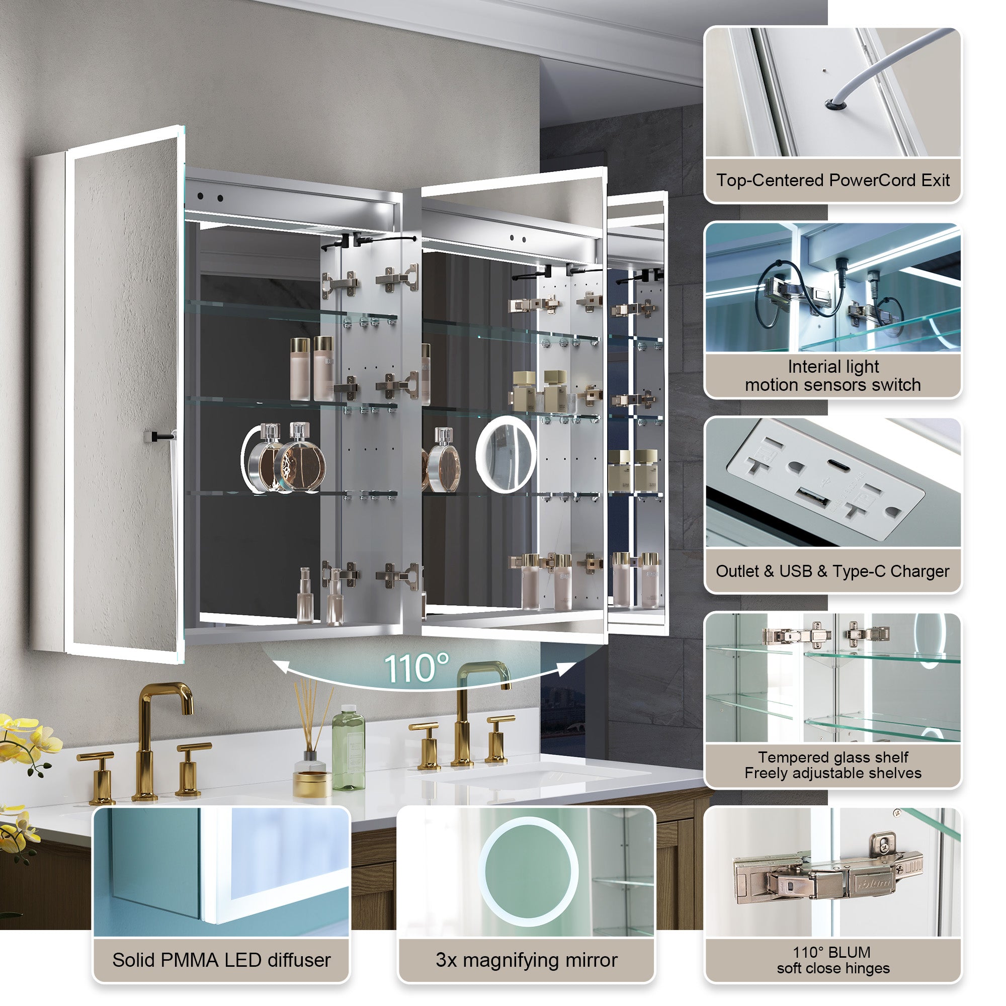 48 in. x 36 in. Recessed/Surface Mount LED Medicine Cabinet with 3X Magnifier Glass Mirror, Anti-Fog