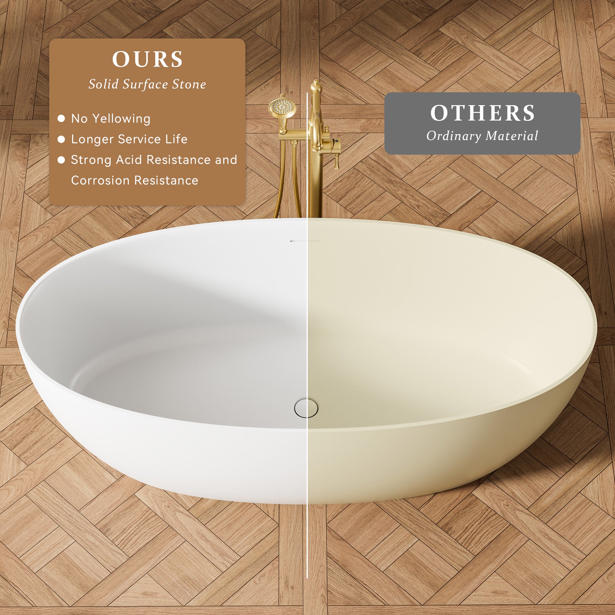 67" Matte White Solid Surface Bathtub with Drain & Integrated Slotted Overflow, 78 Gallons