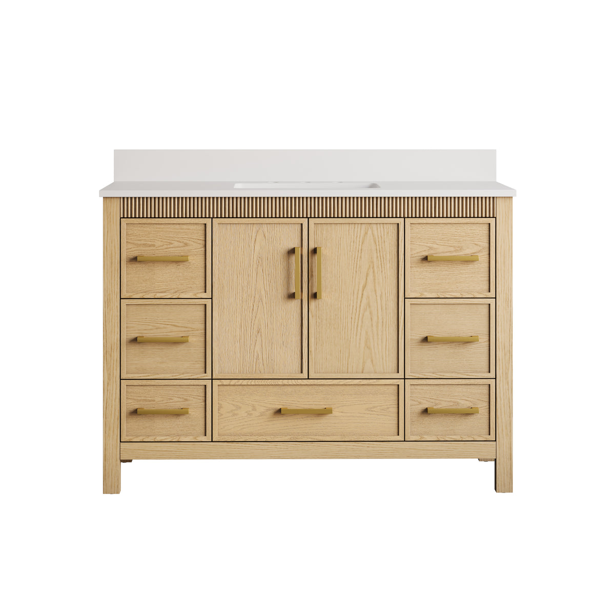 48 Inch Freestanding Solid Wood Bathroom Vanity with Fluted Molding, Pure White Quartz Countertop, OAK