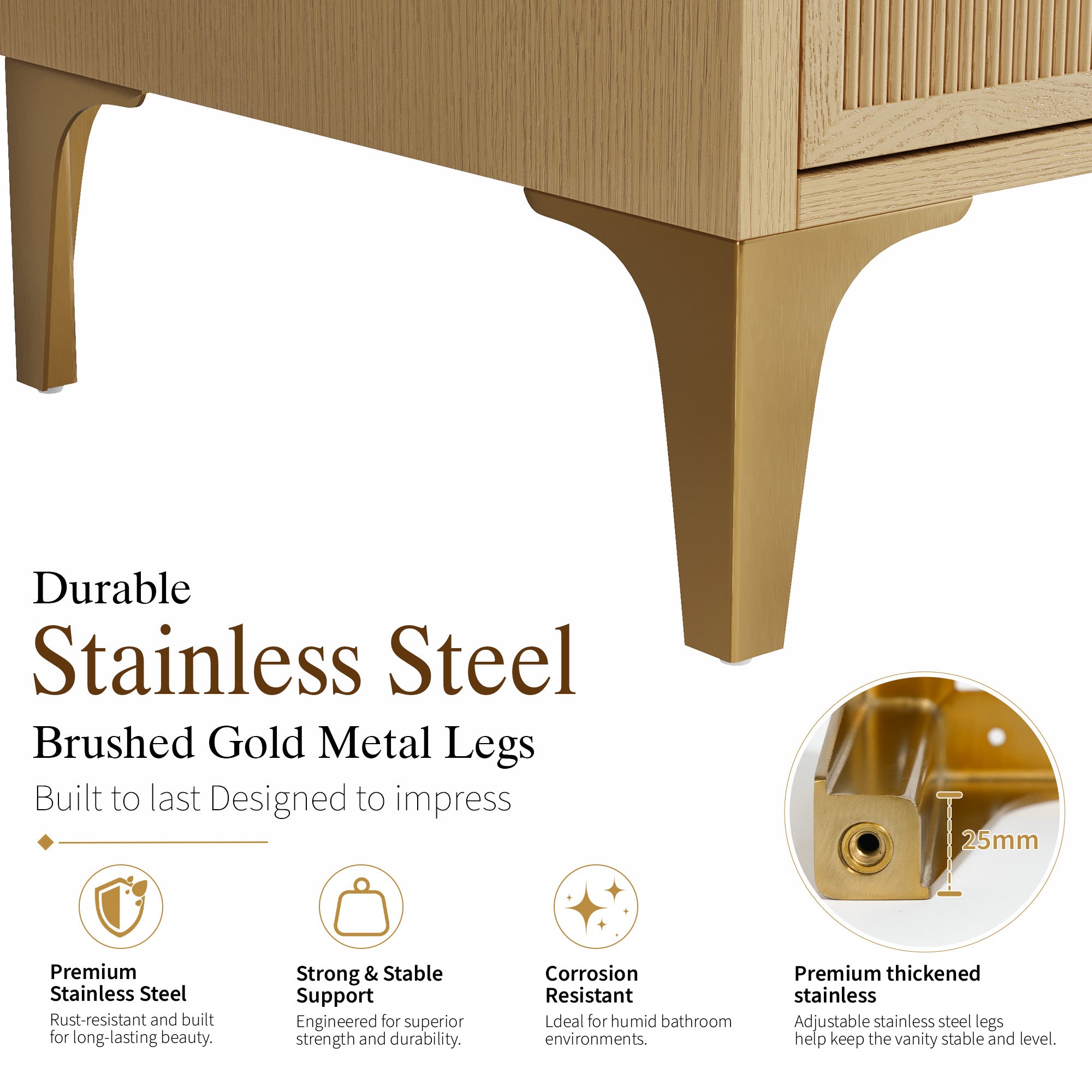 60 Inch Modern Solid Oak Bathroom Vanity with Calacatta Quartz Countertop, 9 Fluted Drawers & Brushed Gold Legs