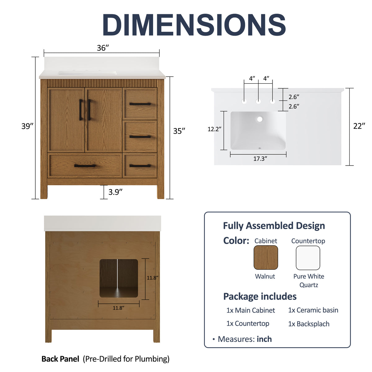 36 Inch Freestanding Solid Wood Bathroom Vanity with Fluted Molding, Pure White Quartz Countertop, Walnut