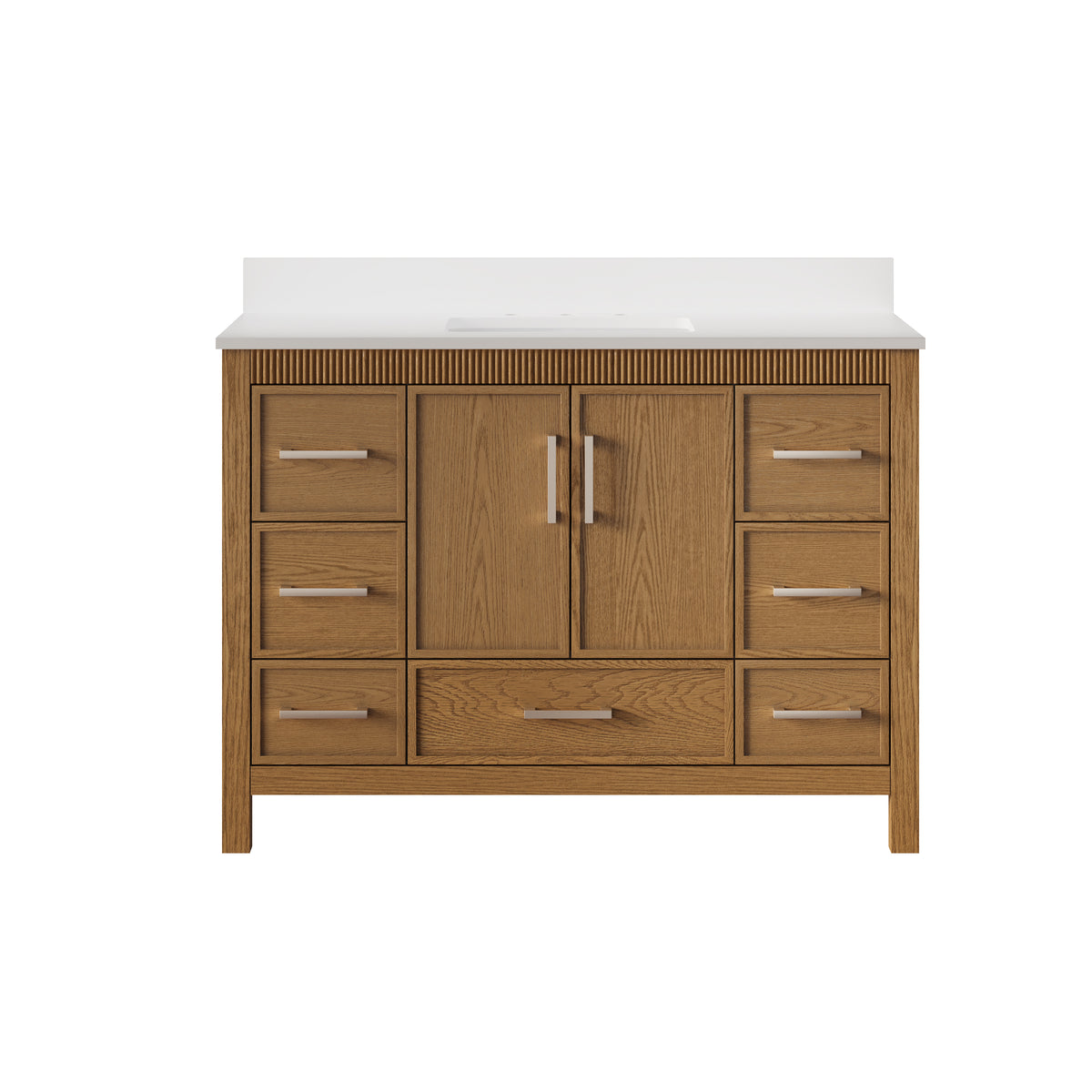 48 Inch Freestanding Solid Wood Bathroom Vanity with Fluted Molding, Pure White Quartz Countertop, Walnut