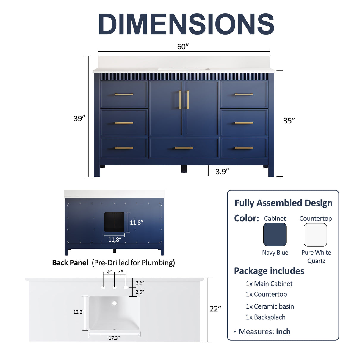 60 Inch Freestanding Solid Wood Bathroom Vanity with Pure White Quartz Countertop, 2 Soft-Close Doors & 7 Dovetail Drawers, Navy Blue