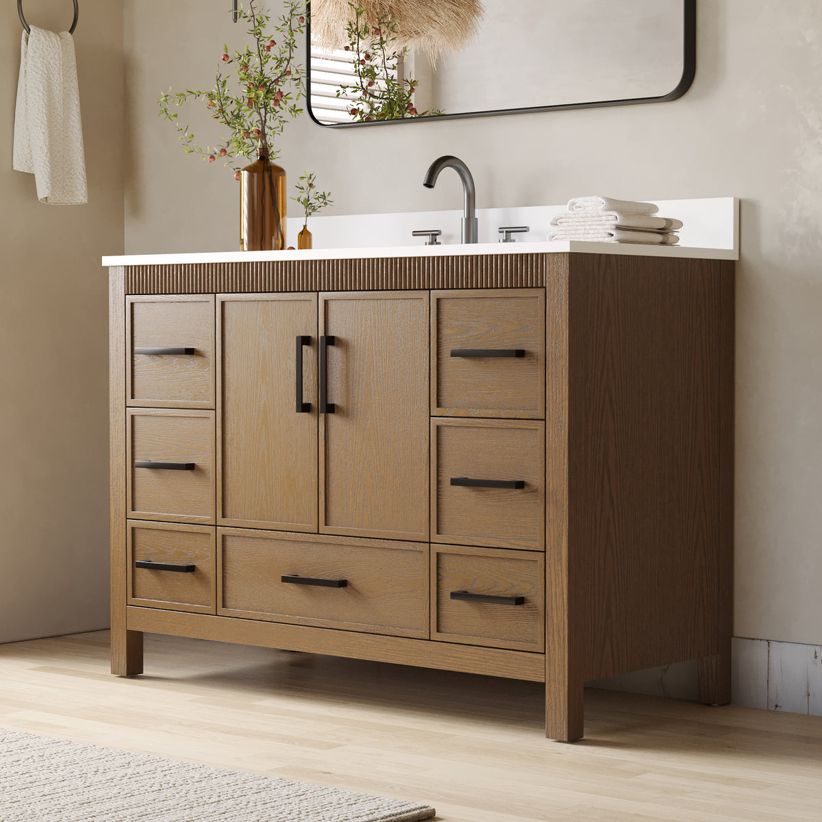 48 Inch Freestanding Solid Wood Bathroom Vanity with Fluted Molding, Pure White Quartz Countertop, Walnut